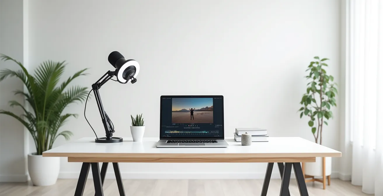Minimalistischer Arbeitsplatz mit professioneller Videoausrüstung
