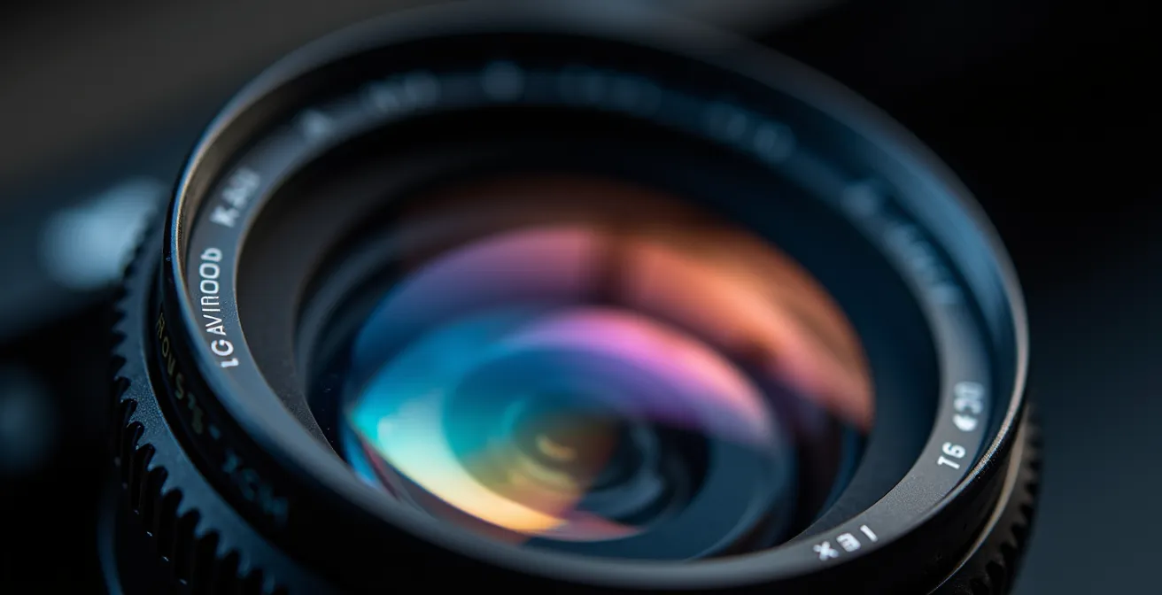 Makroaufnahme von professioneller Kameralinse mit Reflexionen