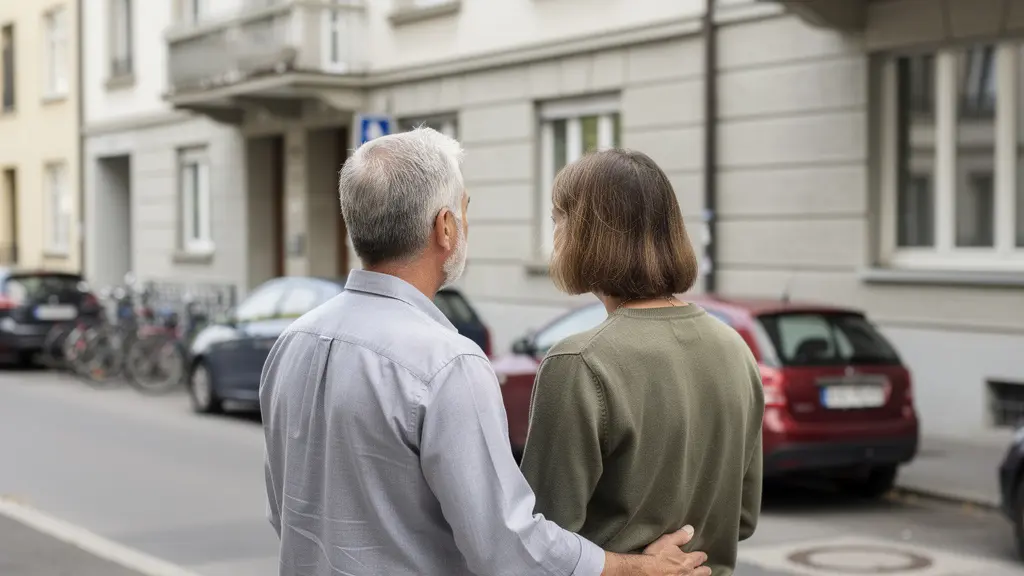 Europäisches Paar um die 50 betrachtet ein Wohngebäude in einem Zürcher Quartier