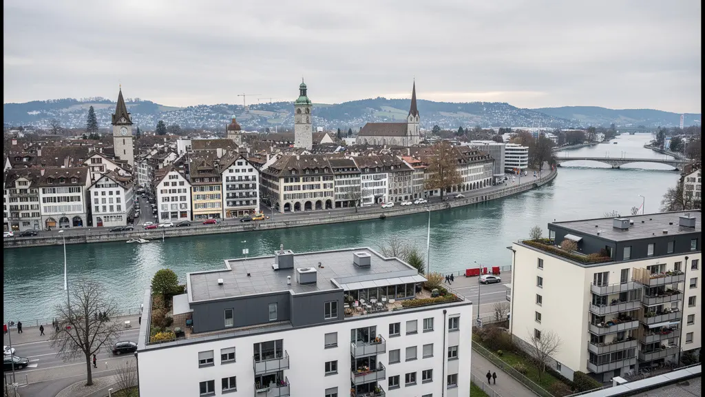 Panoramablick über Zürich mit Limmat und modernen Wohngebäuden bei Tageslicht