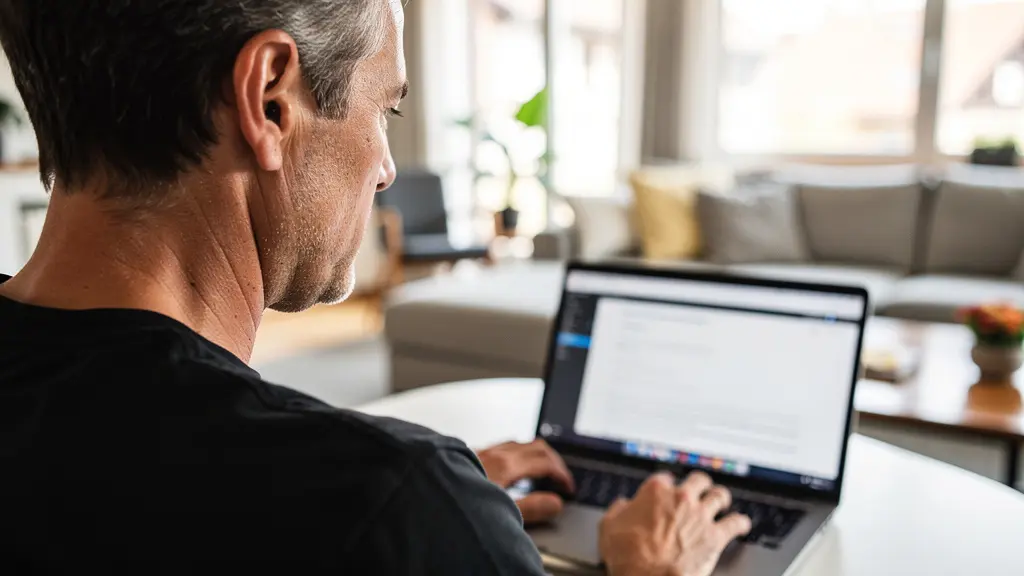 Person um die 45 Jahre am Laptop in hellem Wohnzimmer, konzentrierter Blick auf den Bildschirm