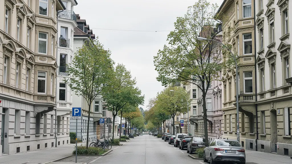 Typische Zürcher Wohnstrasse mit Gründerzeitbauten, Bäumen und parkenden Autos