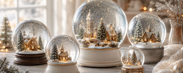 Schneekugeln aus Glas mit winterlichen Motiven als Weihnachtsdekoration und Geschenkidee