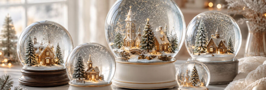 Schneekugeln aus Glas mit winterlichen Motiven als Weihnachtsdekoration und Geschenkidee