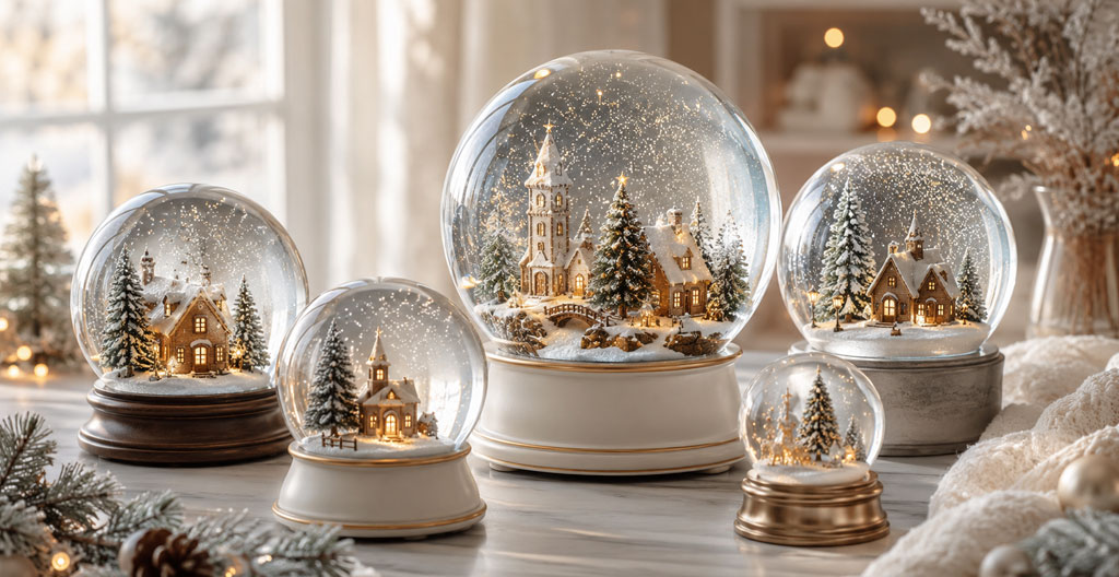 Schneekugeln aus Glas mit winterlichen Motiven als Weihnachtsdekoration und Geschenkidee